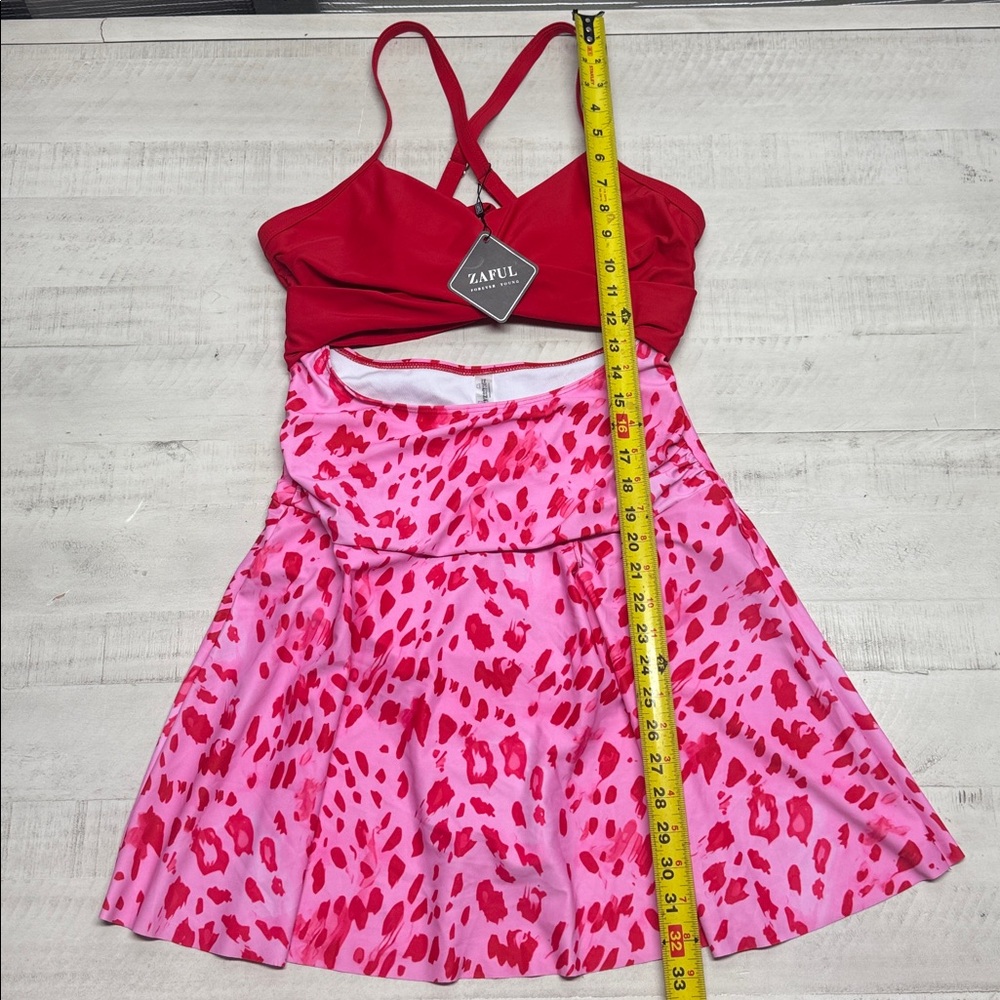 Zaful Swimdress Cutout Cross V Neck Pleated Skirt Swimsuit Built in Bottom - Picture 2 of 10